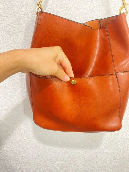 Minimalist Brown Vegan Leather Hobo Bag | Multi-Pocket Slouchy Shoulder Bag - Picture 4 of 10